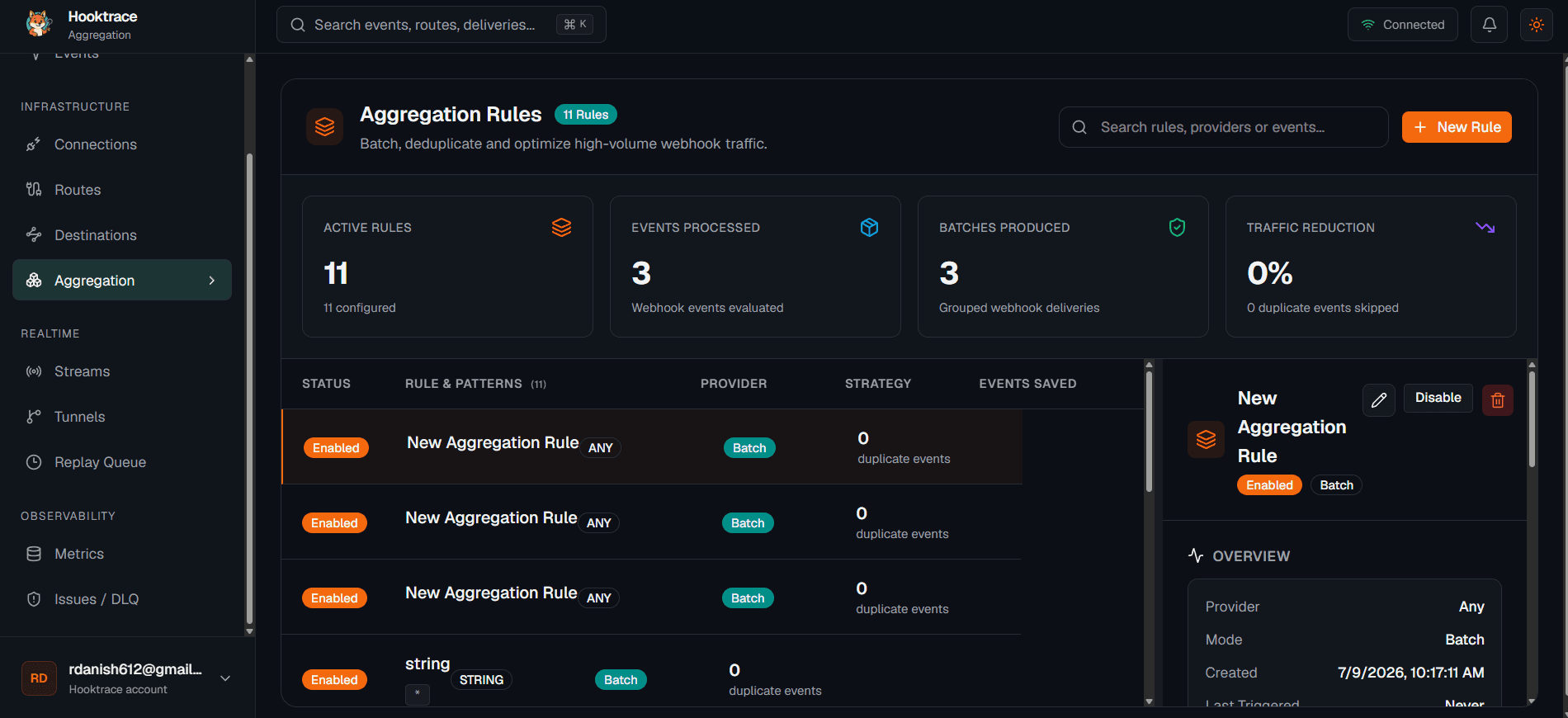 Aggregation rules page with batching rules and an overview panel