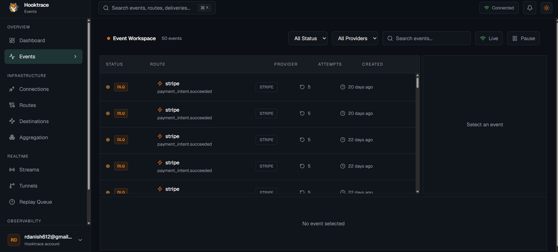 Event workspace listing Stripe events with status and attempts